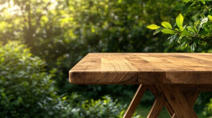 Fototapeta premium Wooden table with a potted plant placed on top in a bright indoor setting
