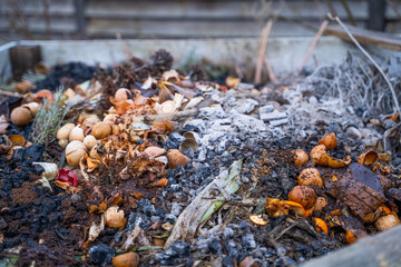 Compost heap in a suburban area with food waste and other organic matter. Making organic fertilizer with your own hands