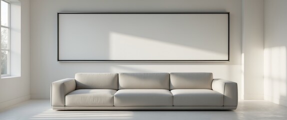A modern living room interior with sofa and big frame of wall.
