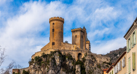 Medieval castle of Foix on a promontory, in Ariege, in Occitanie, France