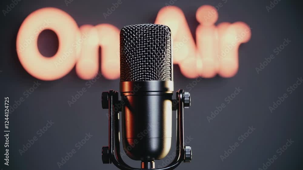 Aufkleber studio microphone records a podcast with a blurred on air sign in the background, captured in slow m