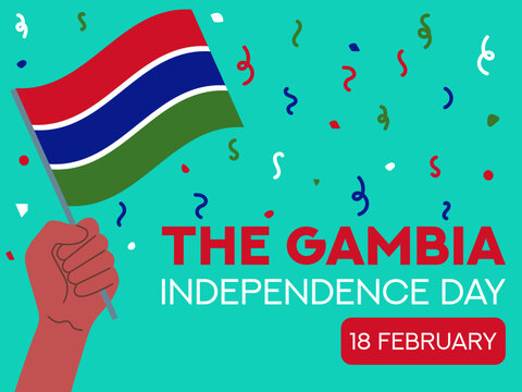 the gambia independence day 18 february, the gambia flag in hand. Greeting card, poster, banner template	