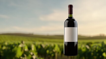 Fototapeta premium Mockup of a wine bottle against a vineyard backdrop during sunset showcasing a serene wine tasting atmosphere