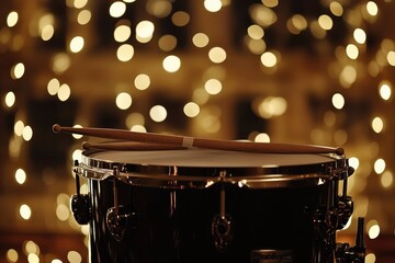 Obraz premium Snare Drum and Drumsticks Against Festive Lights