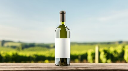 Fototapeta premium Mock up of a wine bottle with blank label set in a vineyard during daylight, highlighting the natural scenery and rustic charm
