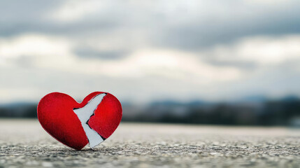 Fototapeta premium small red heart with visible crack lies on rough surface, symbolizing broken heart against blurred, cloudy background