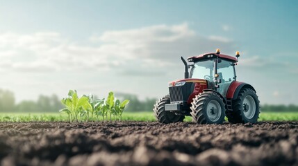 Fototapeta premium A bright day reveals a red tractor operating in expansive green fields. Young plants are emerging from freshly tilled soil, showcasing a productive farming environment.