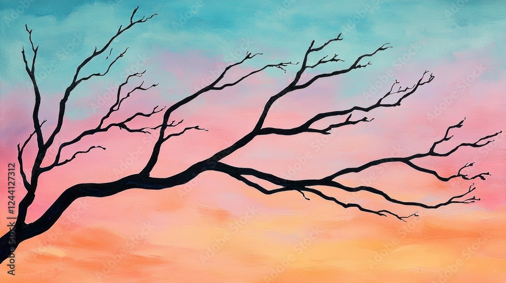 Poster graceful branches stretch towards the colorful sky, capturing the tranquil essence of twilight. the 