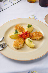 Rustic Elegance Pojarski Cutlets with Mashed Potatoes in Warm Tones