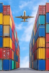 Fototapeta premium Airplane flying over colorful shipping containers port outdoor photography clear sky low angle view transport logistics