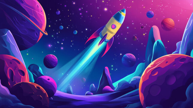 Ui level map for galaxy space game vector cartoon. Fantasy background with rocket to play mobile videogame. Online cosmos adventure on spaceship flying to asteroid system for cosmic app interface.