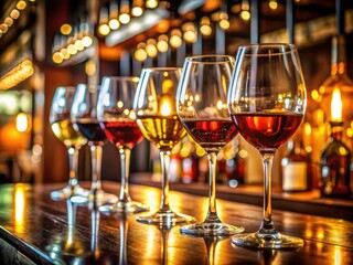 Warm lighting illuminates a sophisticated bar scene: elegant wine glasses, celebratory drinks, and social event photography capture the joyous occasion.