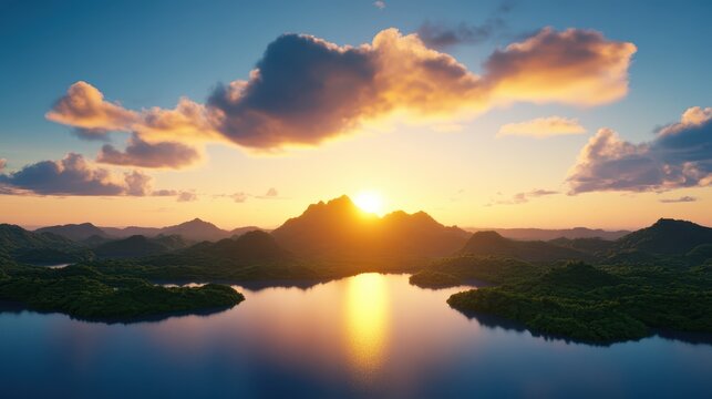Majestic sunset over a serene neverland landscape with mountains and tranquil waters