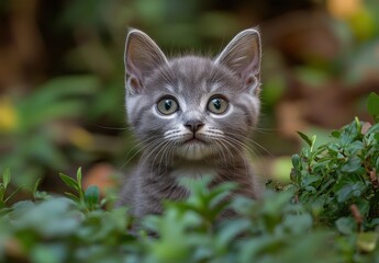 Cute gray kitten with bright eyes peeking through green foliage in a natural outdoor setting, showcasing its curious and playful demeanor as it explores