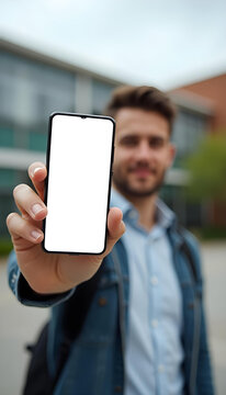 Chico en el patio del colegio con un tel&eacute;fono m&oacute;vil en la mano. Pantalla en blanco del m&oacute;vil y en primer plano. Mockup