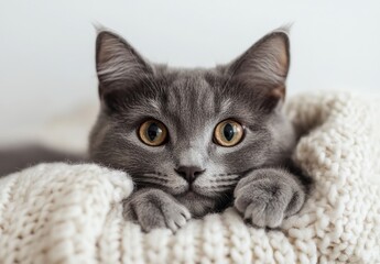 Cute grey cat with bright eyes peeking from cozy knitted blanket in soft indoor setting, showcasing tranquil and comforting atmosphere of home