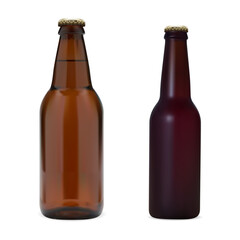 Brown glass beer bottle set, vector mockup template. Pub lager amber blank isolated illustration for label design. Craft ale brew packaging, no brand and logo on white background