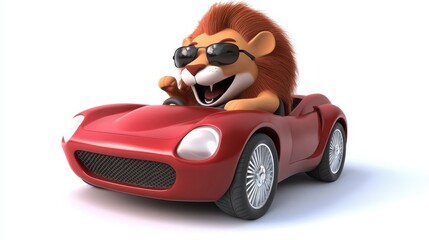 Obraz premium Cute cartoon lion driving a red sports car with sunglasses on