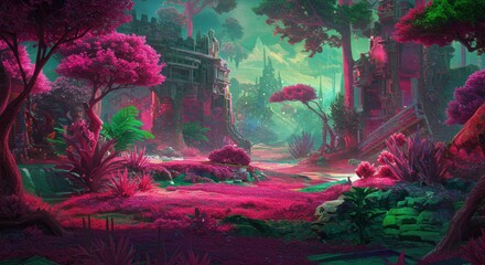 Fototapeta premium Vibrant fantasy landscape with lush pink foliage and ancient ruins
