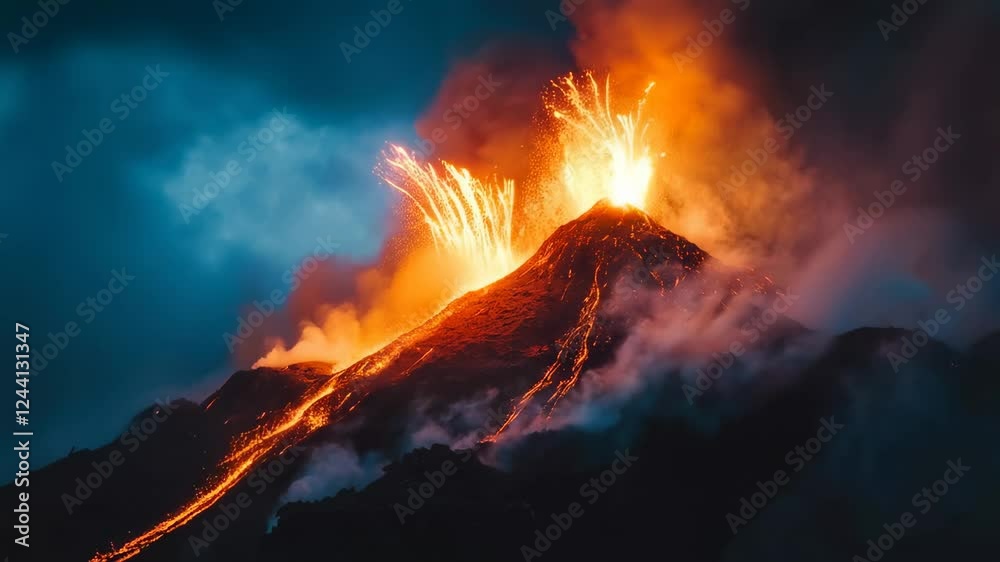 Poster streams of glowing lava flow down the side of an erupting volcano at twilight, smoke and ash billowi