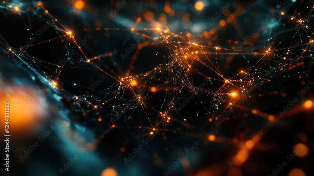 Poster a digital abstract background featuring a network of glowing nodes and connections, creating a sense