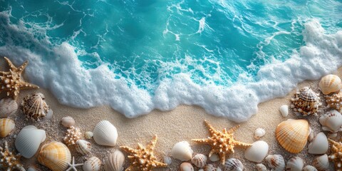 Seashells and Starfish on a Sandy Beach with Turquoise Ocean Waves
