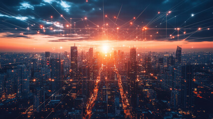 Fototapeta premium concept of smart or digital city, wireframe cityscape in futuristic style