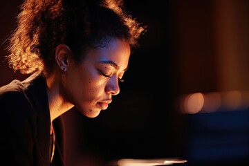portrait of expressive jazz musician in mid-performance on dimly lit stage gazing intently at their instrument with