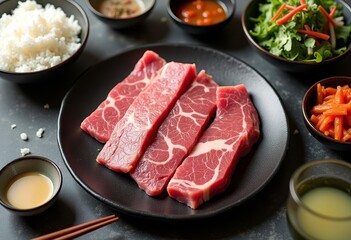 Marbled beef strips ready for grilling with diverse condiments around it