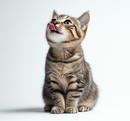 Obraz premium Cute tabby kitten licking its lips with curious expression, isolated on light background, adorable pet with playful demeanor, ready to explore and have fun