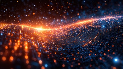 Obraz premium Abstract digital landscape with glowing particles in blue and orange hues.