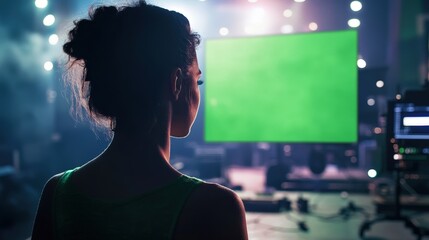 digital artist editing a video using green screen footage, layering 3D elements and animated backgrounds for a movie scene