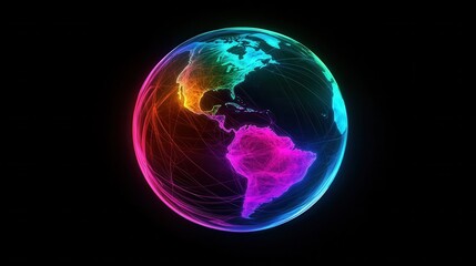 Obraz premium Colorful Global Network Visualization with Bright Lines and Earth