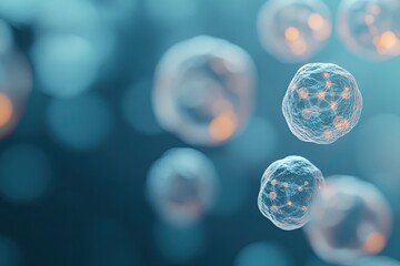 3d-rendered microscopic scene showcasing artificial stem cells dividing in futuristic sterile laboratory environment