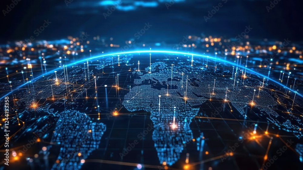 Poster digital global network connection map with abstract light effects