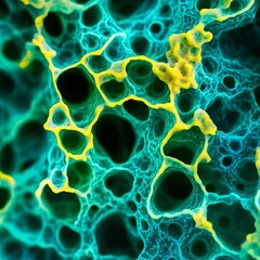 Abstract fluorescent biofilm patterns glowing in vivid green and yellow, close-up microbiology focus