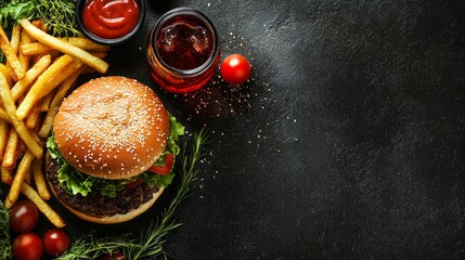 Placed on a dark surface, a hearty burger showcases crisp lettuce, juicy tomato, and sesame seeds, accompanied by golden fries and enticing dipping sauces