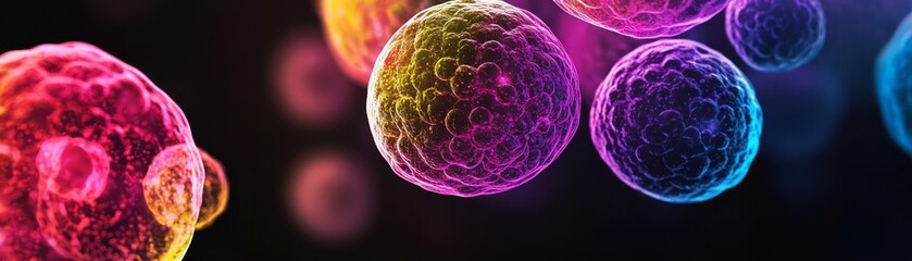 Abstract glowing fluorescent cell membrane structures, vibrant colors on black background, scientific concept