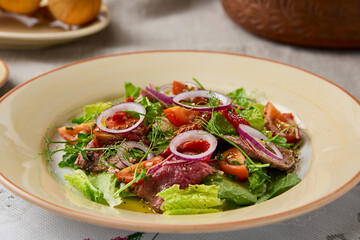 Vibrant Roast Beef and Tomato Salad A Culinary Art in Natural Light