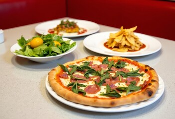 Culinary Delights: Delicious Pizza and Accompanying Dishes Ready to Be Served