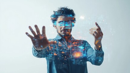 Man Interacting with Futuristic Digital Interface Technology Concepts