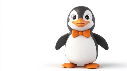 Fototapeta premium Cute cartoon penguin character with orange bow tie against white background