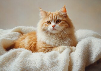 Fototapeta premium Fluffy Ginger Cat Relaxing on Cozy White Blanket in Soft Natural Light with Beautiful Expressions Capturing Feline Beauty and Serenity