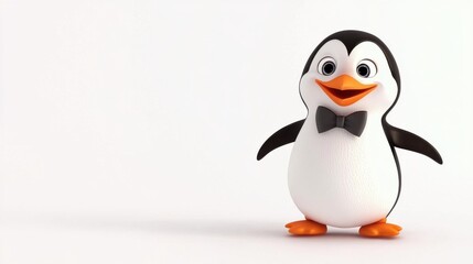 Fototapeta premium Cute Cartoon Penguin with Bowtie Smiling Against White Background