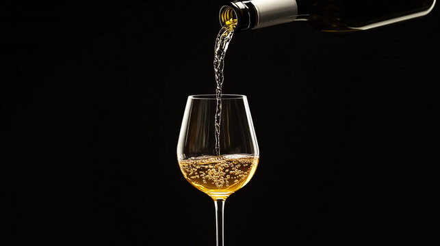 Vino derram&aacute;ndose de una botella a una copa de vidrio sobre un fondo negro. Imagen ideal para men&uacute;s de restaurantes y promo.ciones