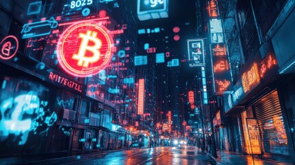 Obraz premium Neon Cityscape at Night with Cryptocurrency Symbols and Lights