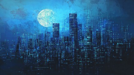 Obraz premium Abstract City Skyline with Blue Tones and Full Moon at Night
