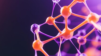Artistic glowing fluorescent protein interactions in orange and purple, molecular biology theme