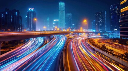 Fototapeta premium Vibrant Night Cityscape with Dynamic Light Trails and Skyscrapers