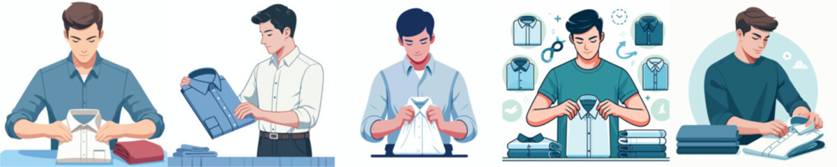vector set of young people folding clothes